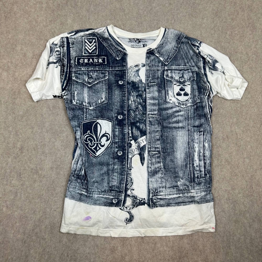 Crank Graphic T-Shirt Mens XL White Blue Faux Denim Vest Rhinestone Eagle 1297